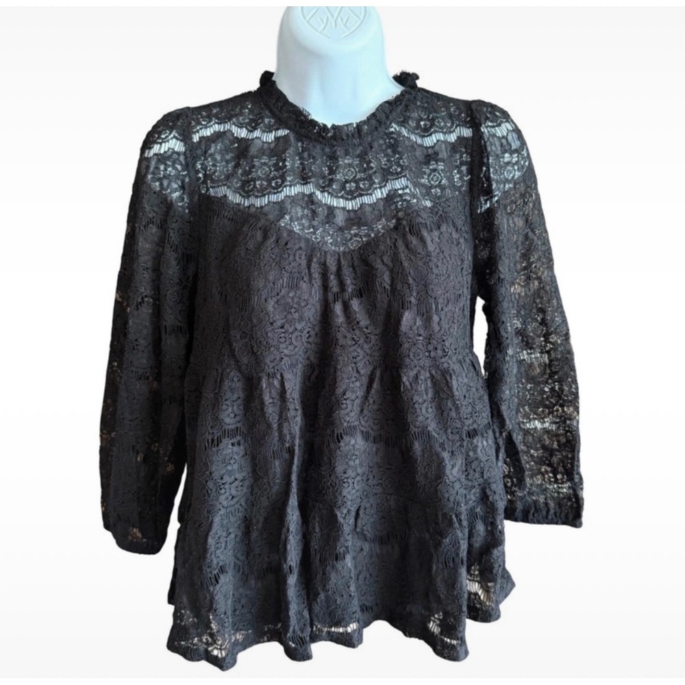 Monteau Black Lace Coquette Tiered Babydoll Blouse Top Women's Small NWT